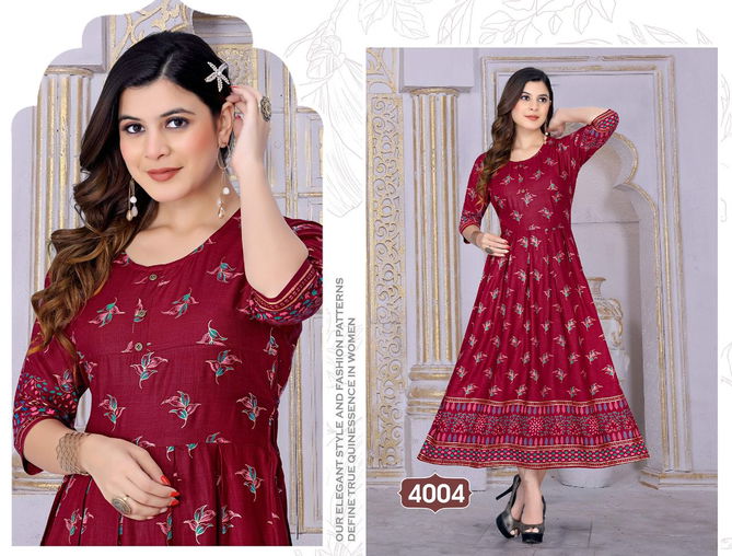 New Riyaa Albeli 2 Fancy Festive Wear Rayon Printed Long Kurti Collection